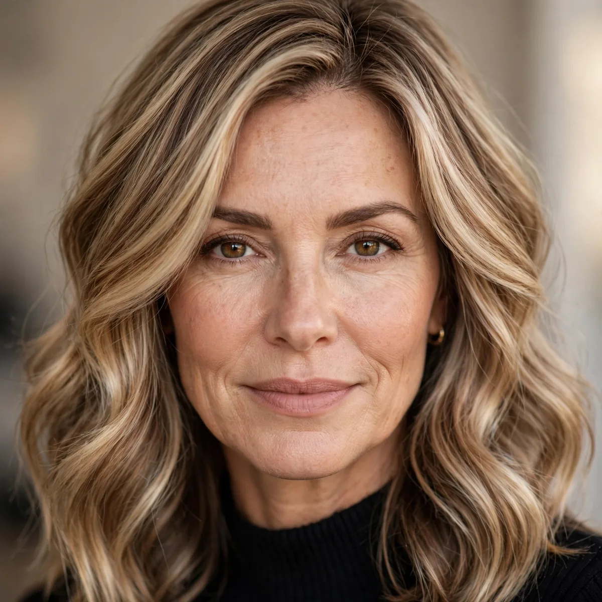 Woman over 40 with champagne bronde blended hair