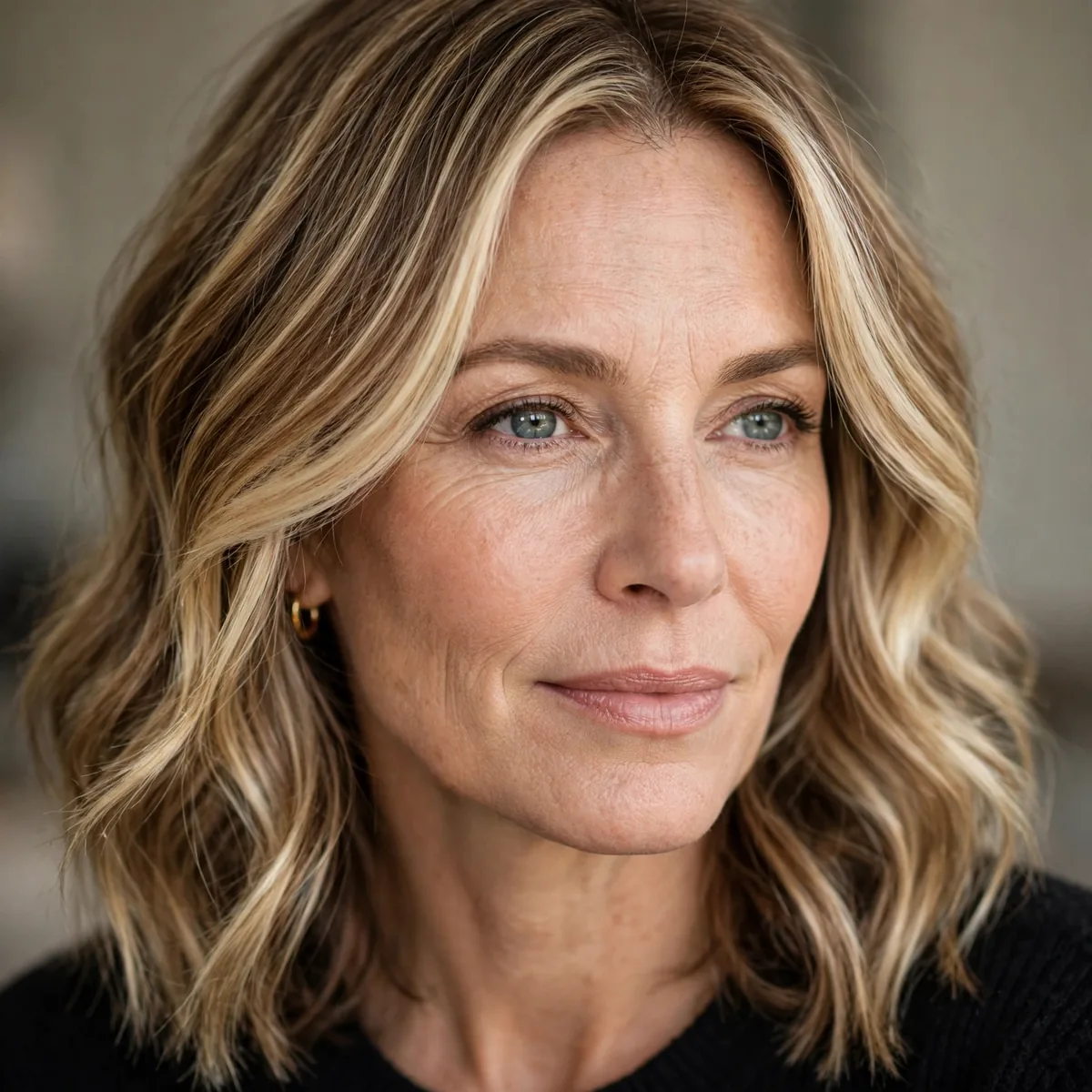 Woman over 40 with bright face-framing bronde pieces