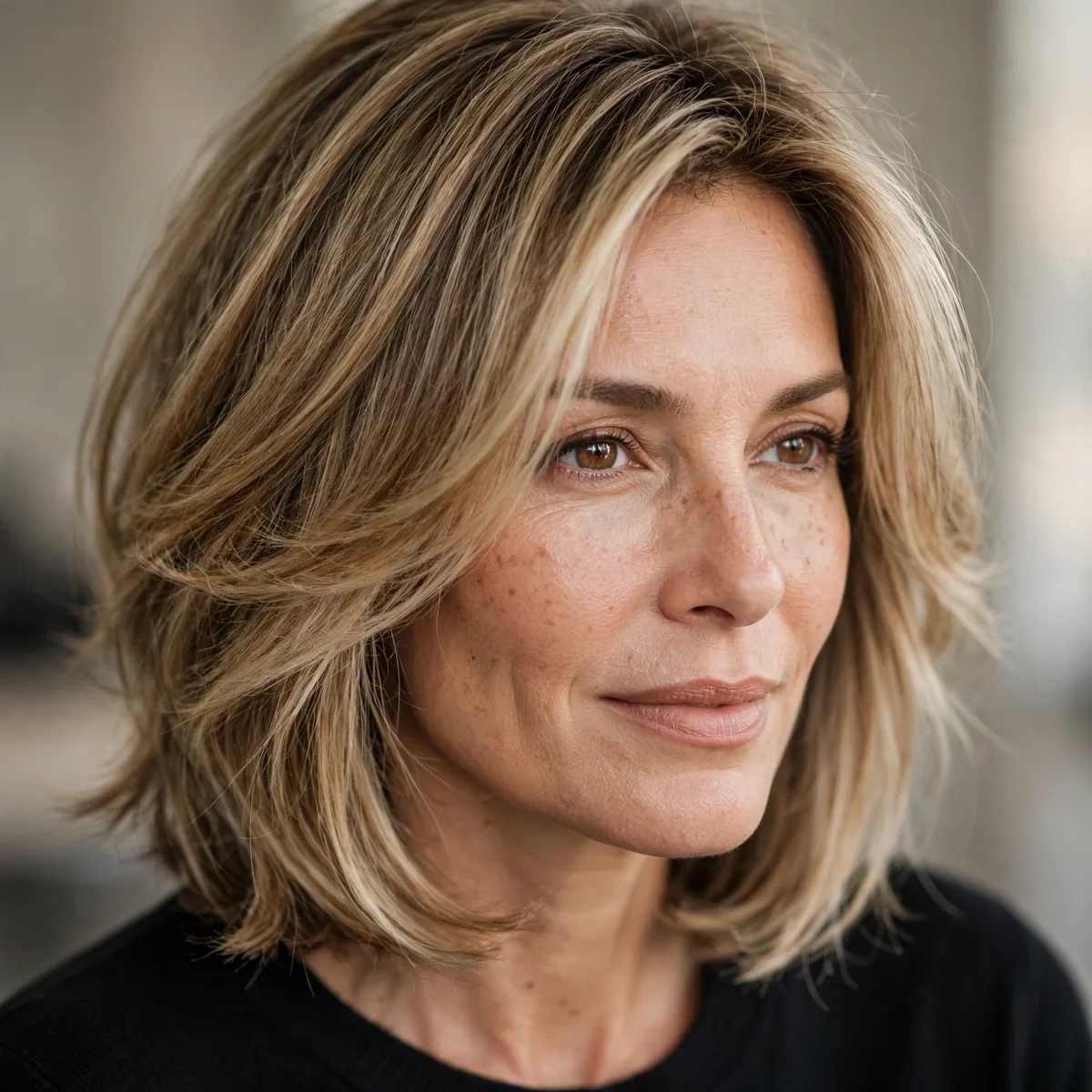 Woman over 40 with a layered bronde lob haircut
