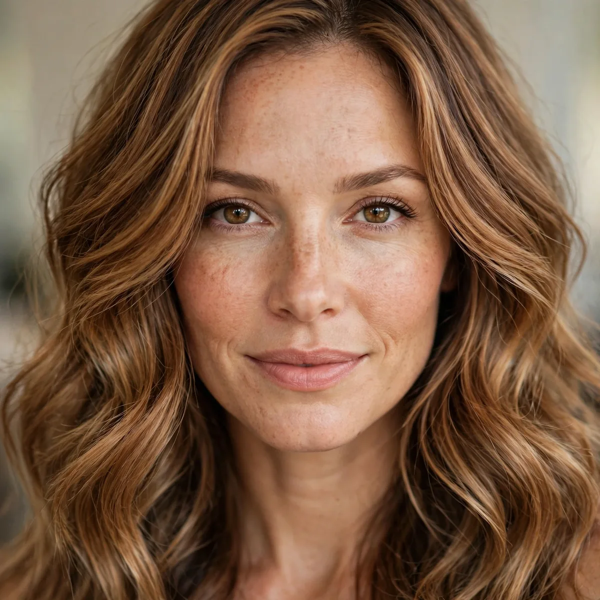 Woman with warm toffee bronde hair color