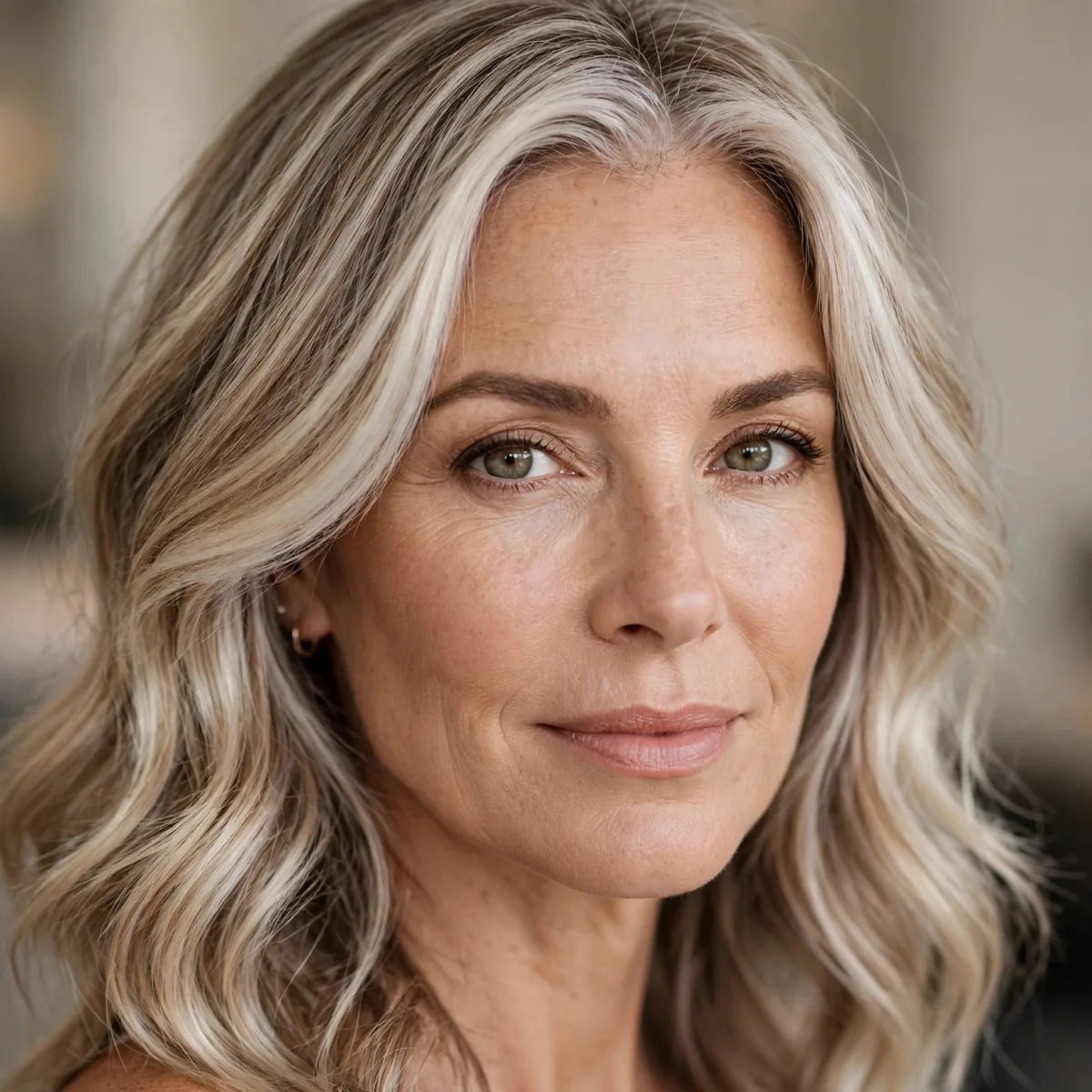 Woman over 40 with icy pearl bronde hair