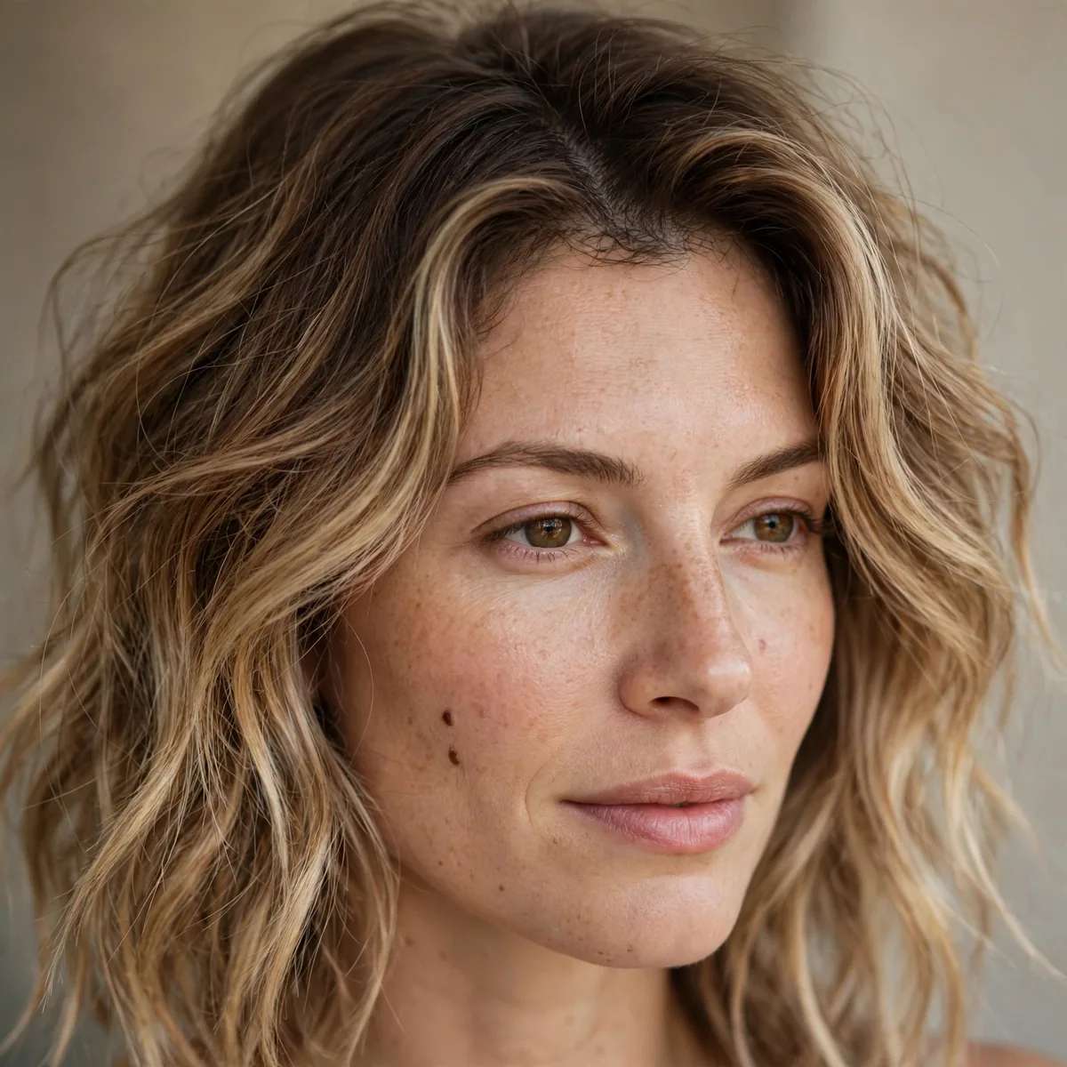 Woman with rooted bronde hair showing natural grow-out