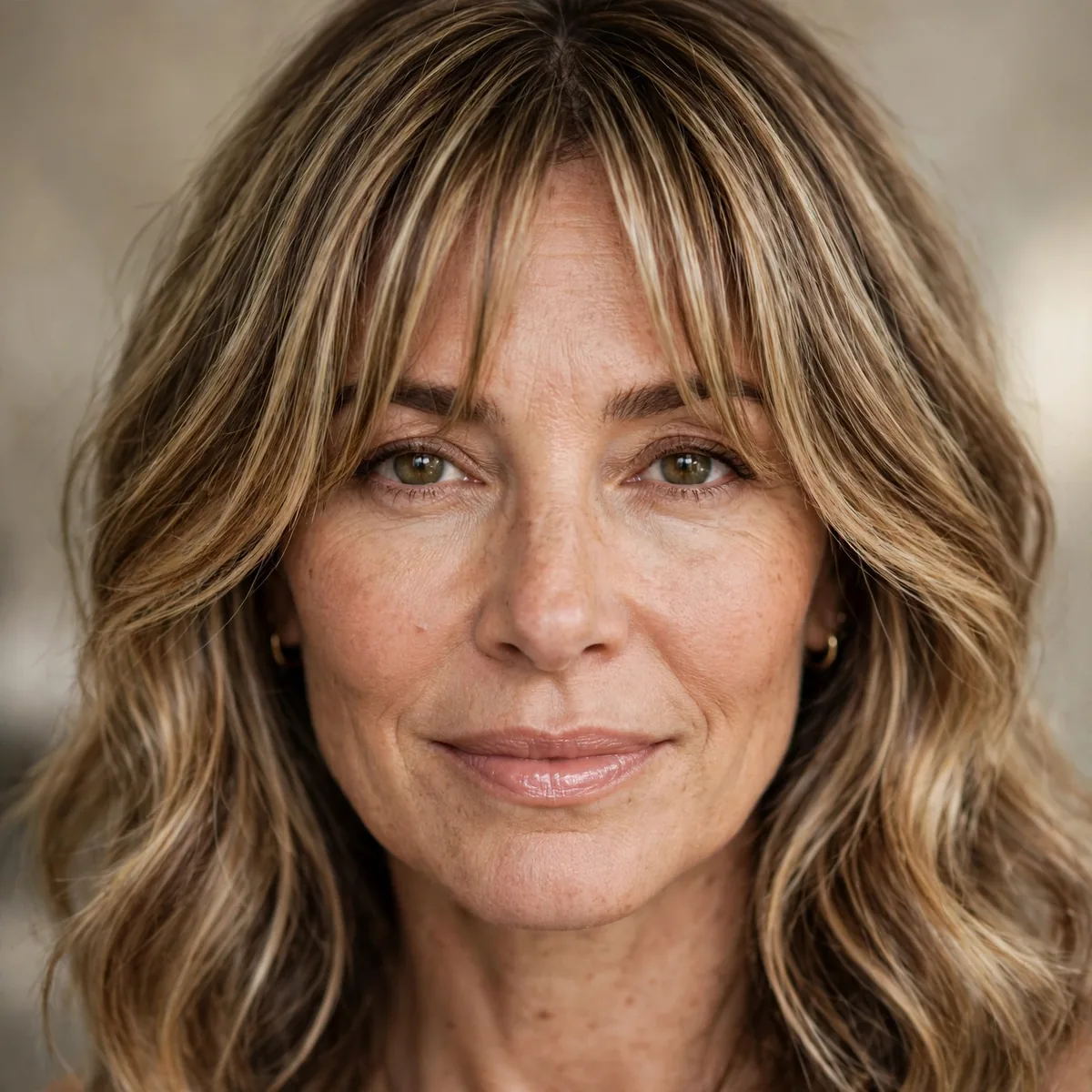 Woman over 40 with bronde hair and curtain bangs