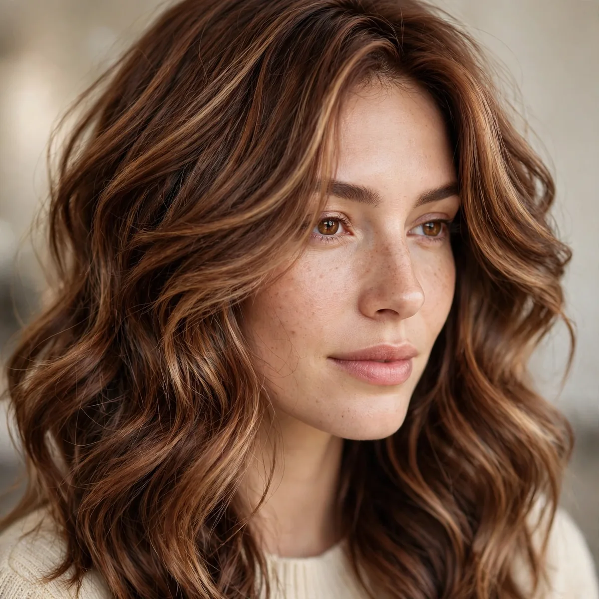 Woman with rich cocoa bronde dimensional hair