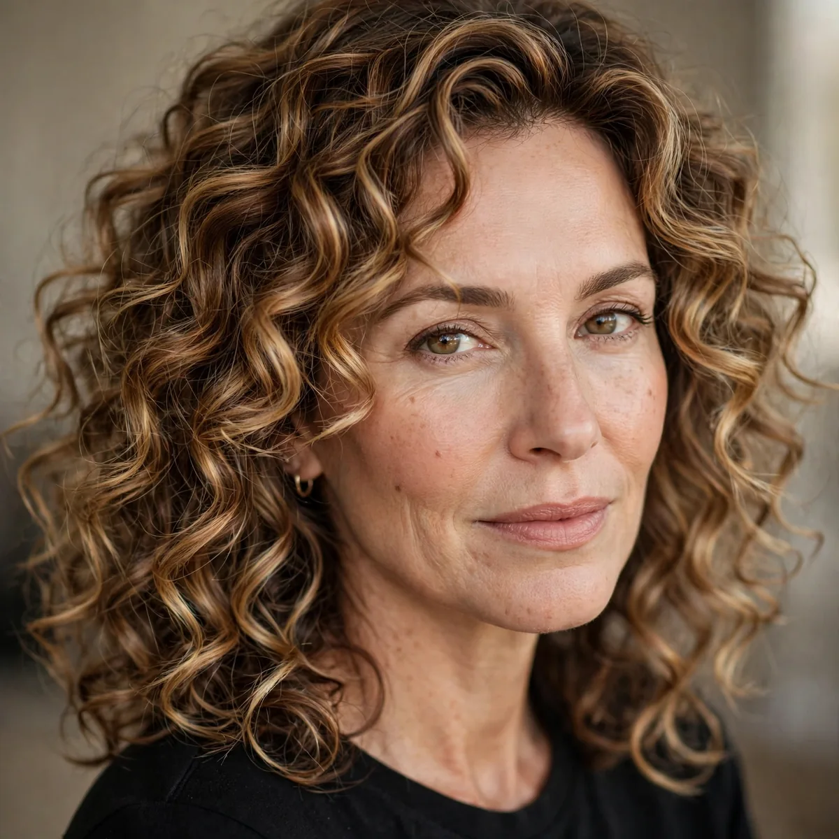 Woman over 40 with dimensional bronde curly hair