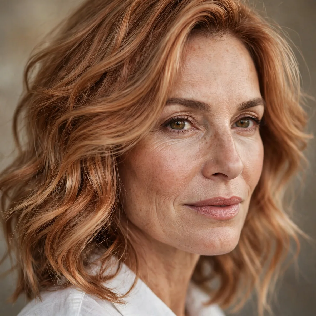 Woman over 40 with soft copper bronde hair