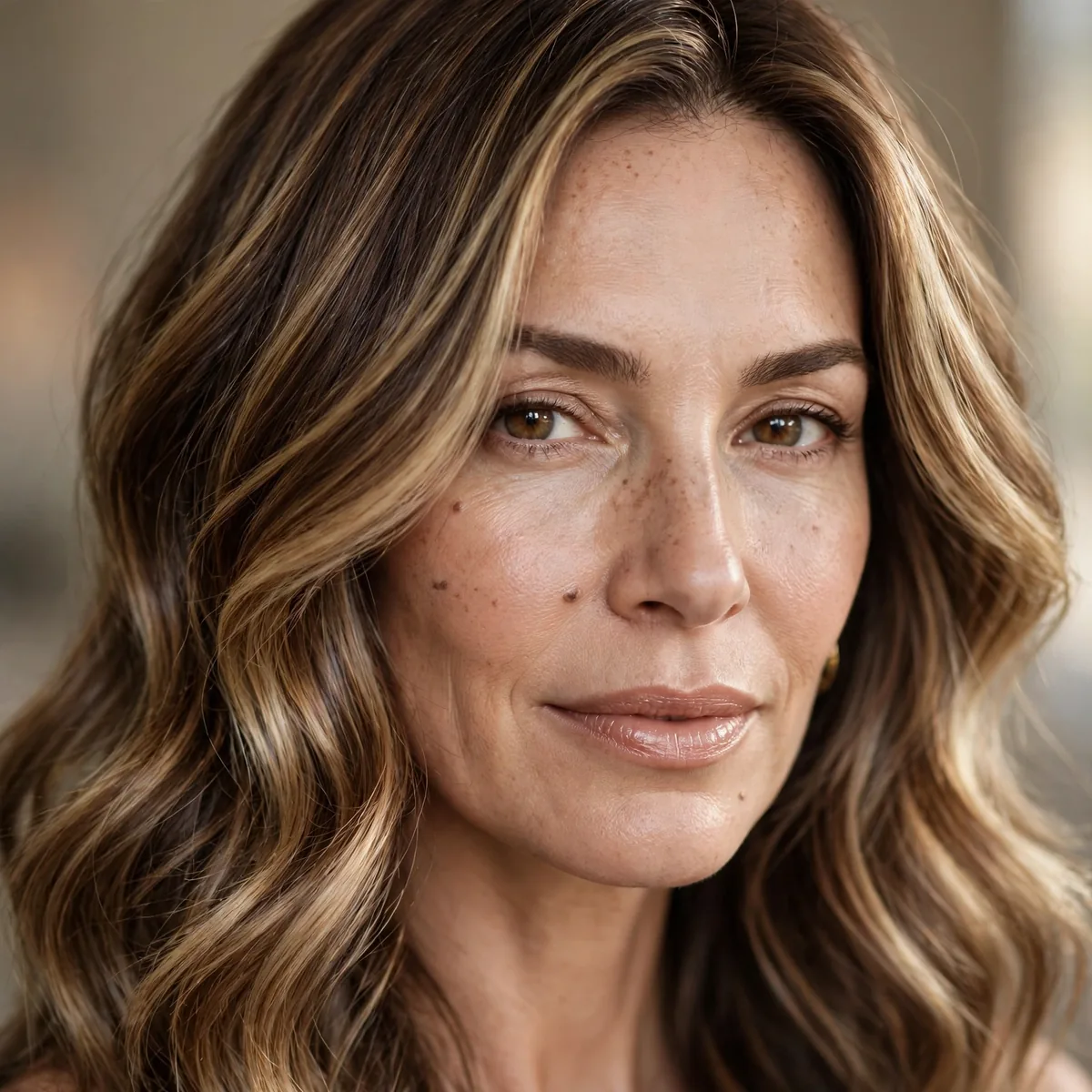 Woman over 40 with glossy bronde brunette-blonde blend
