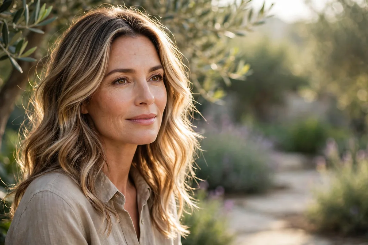 Woman over 40 with soft bronde balayage hair glowing in natural light