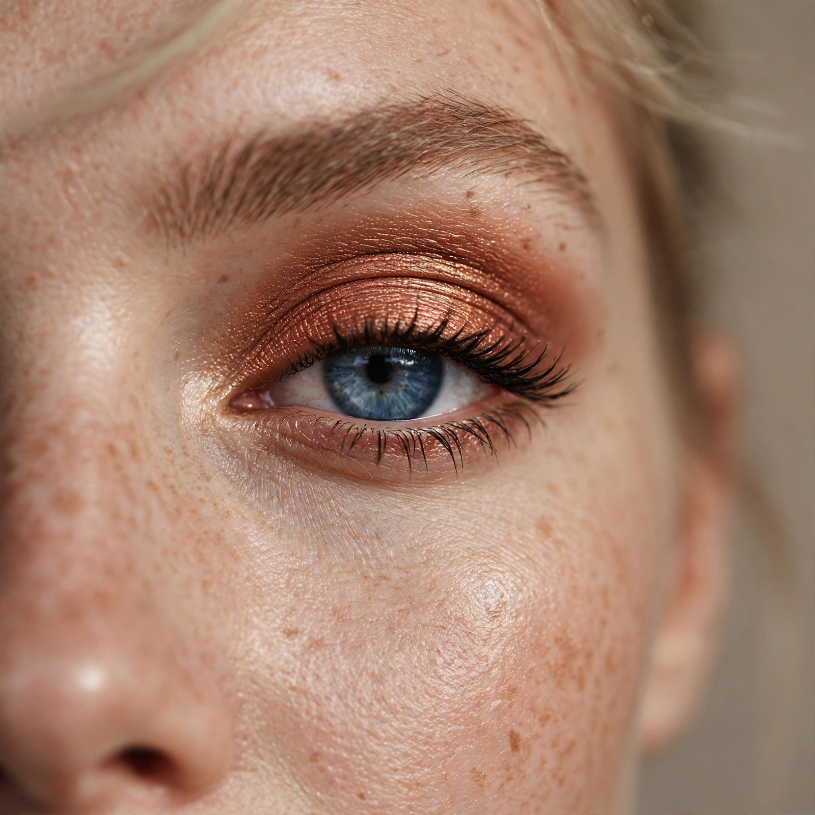 Copper eyeshadow lid on blue eyes