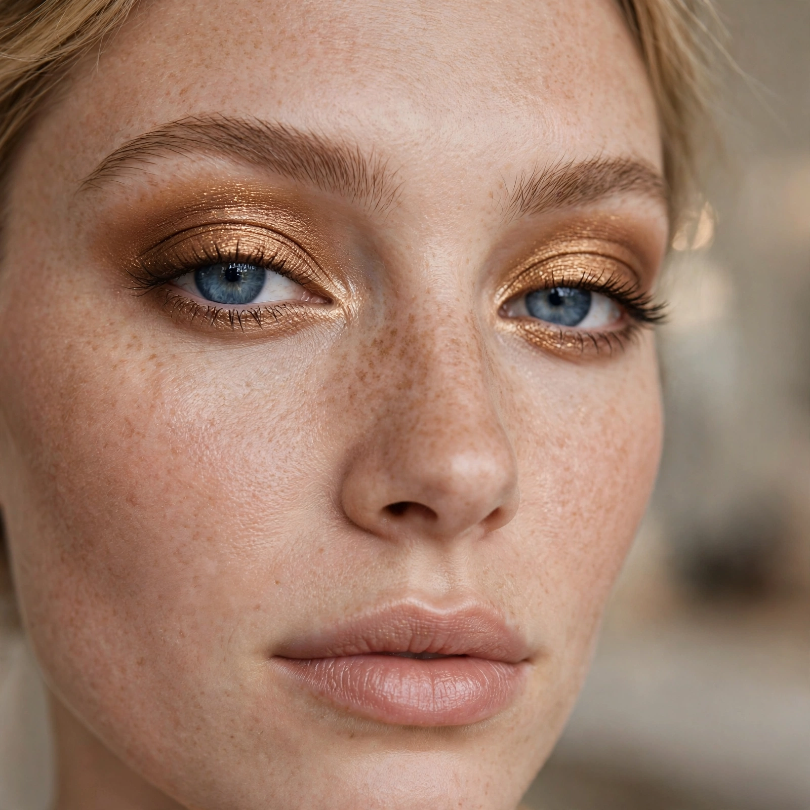 Golden bronze eyeshadow on blue eyes