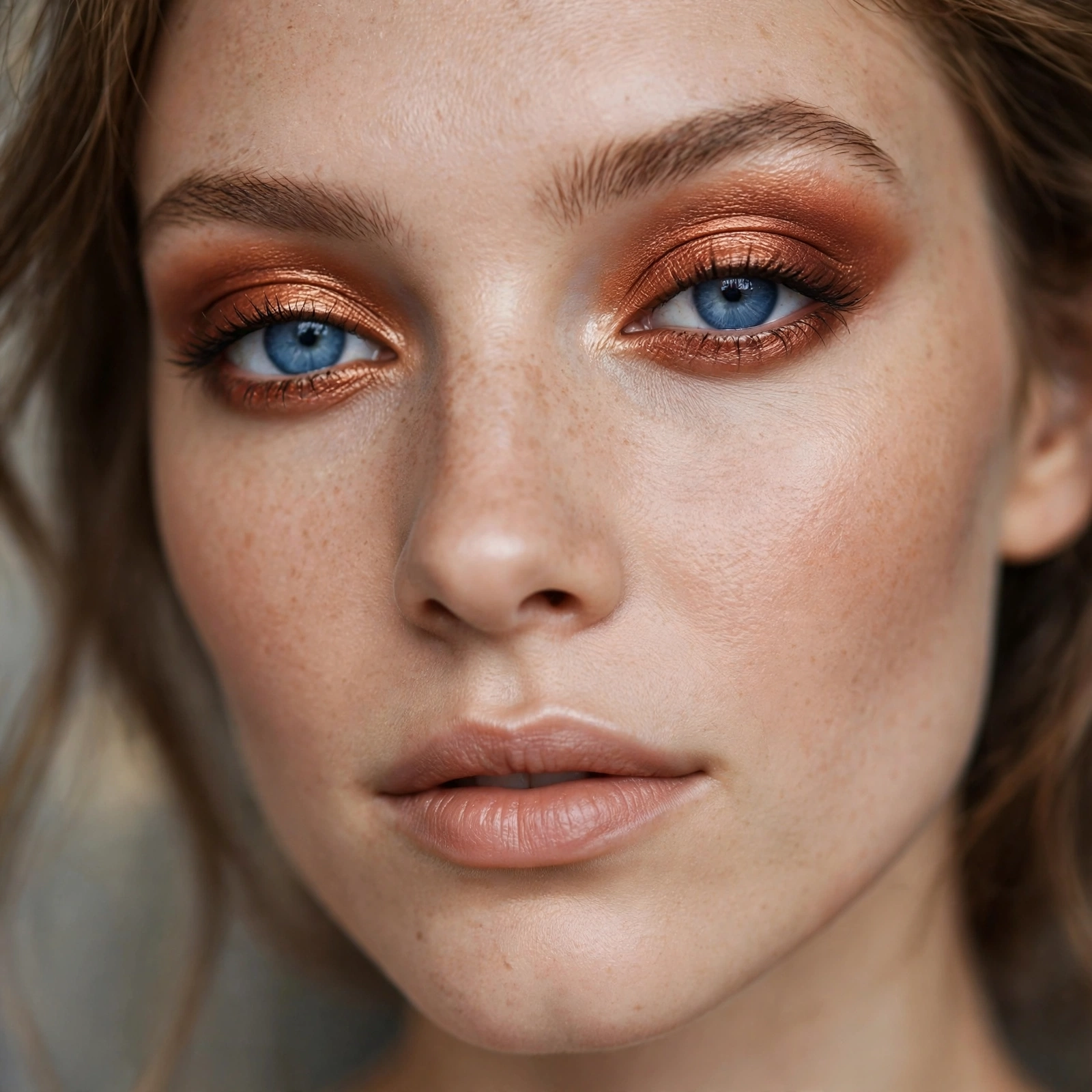 Burnished copper eyeshadow on blue eyes