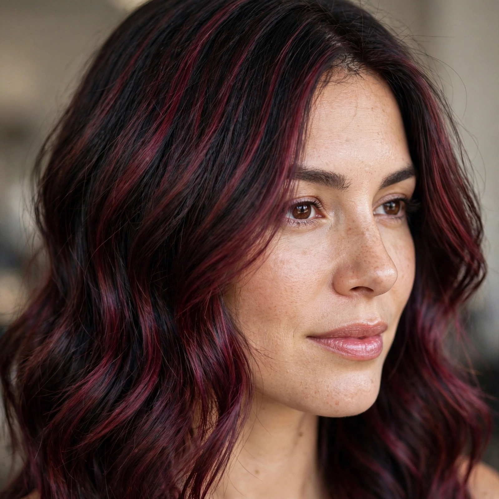 Burgundy balayage on dark hair