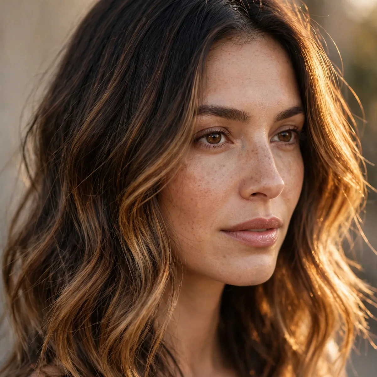Dark brown hair with golden hour caramel balayage glowing