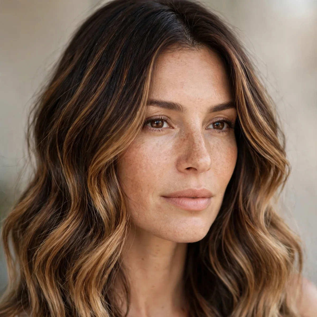 Dark brown hair with deep roots fading into caramel balayage