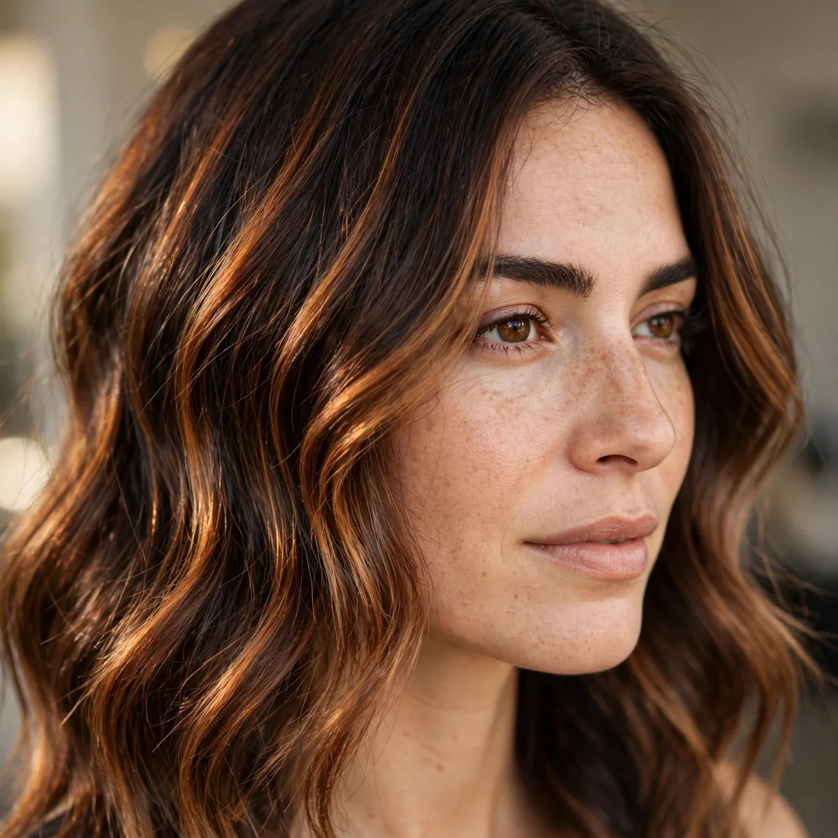Dark brown hair with cinnamon caramel warm balayage