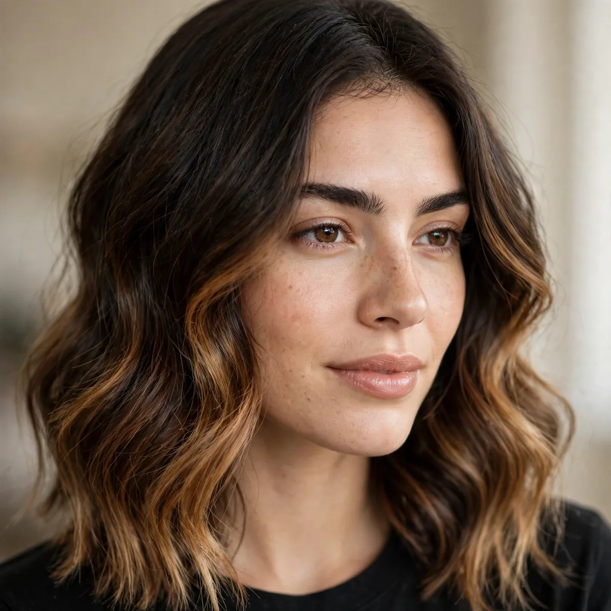 Dark espresso hair fading into caramel ombre