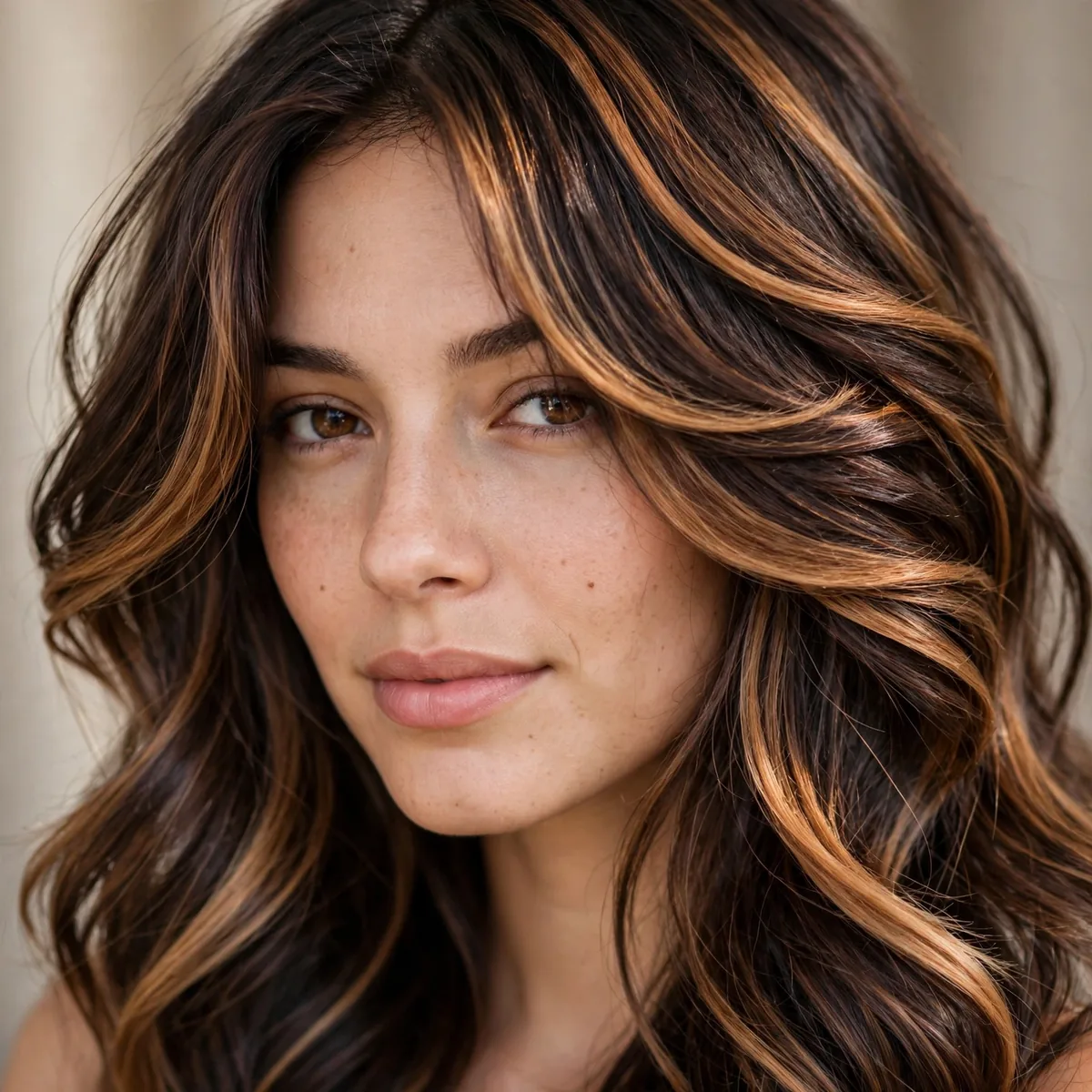 Layered dark brown hair with ribboned caramel balayage