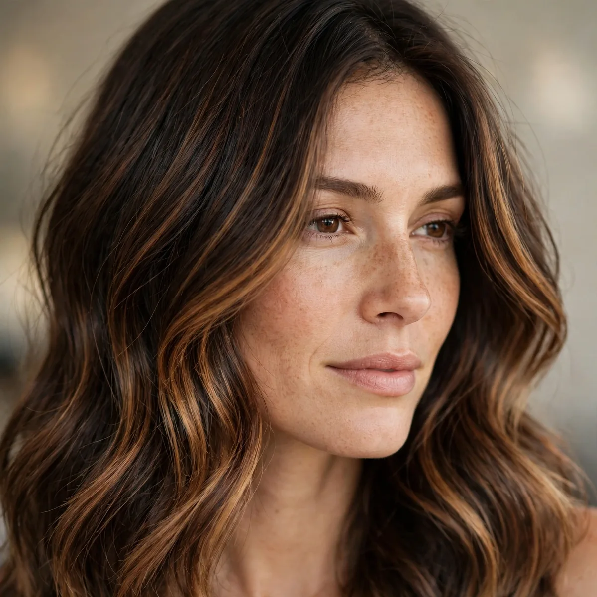 Dark brown hair with warm toffee caramel balayage