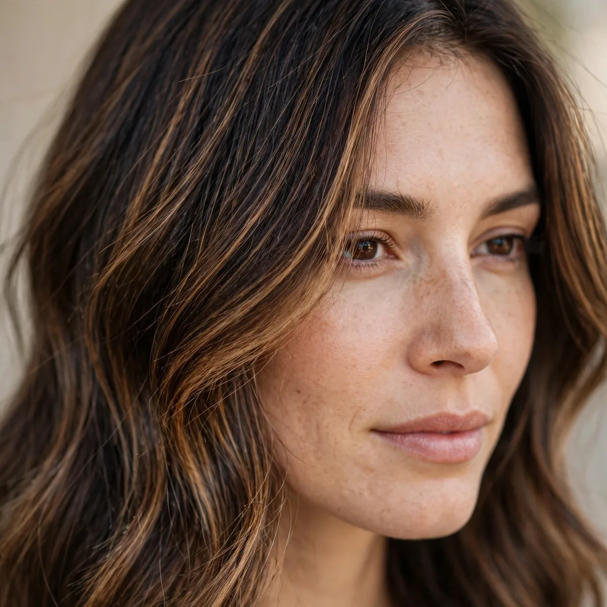 Dark brown hair with fine caramel babylights blended through