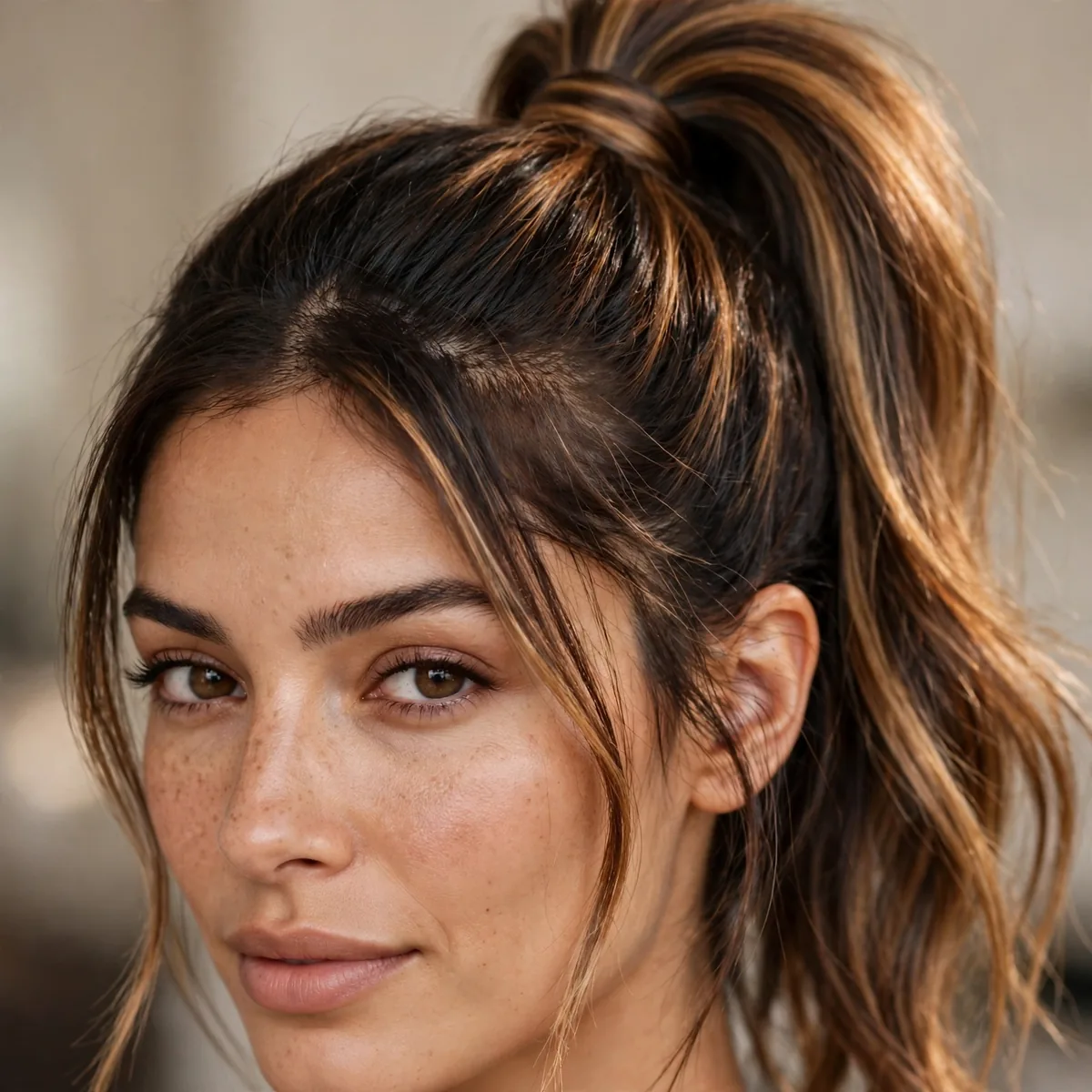 High ponytail showing caramel balayage dimension on dark brown hair