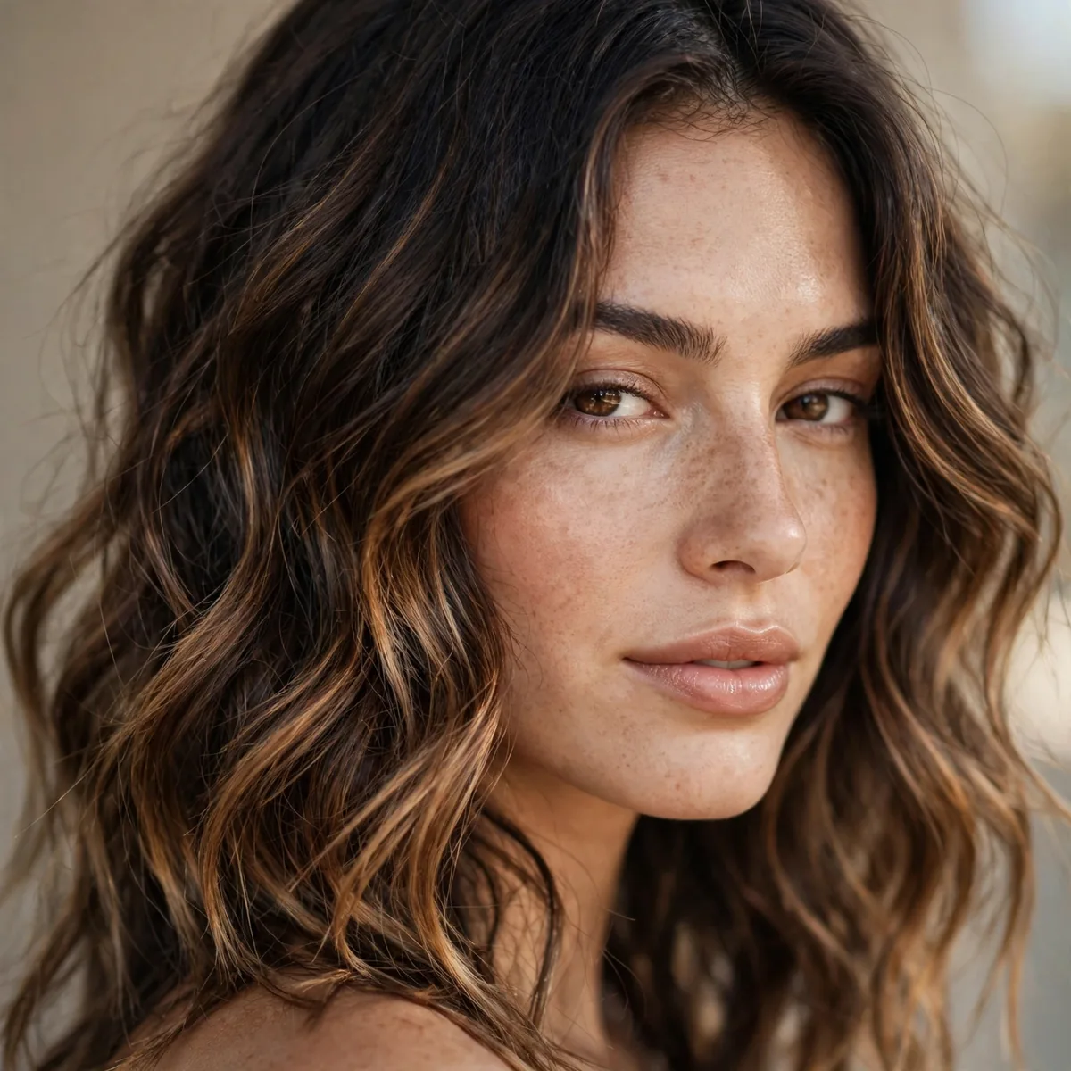 Dark brown beachy waves with caramel balayage