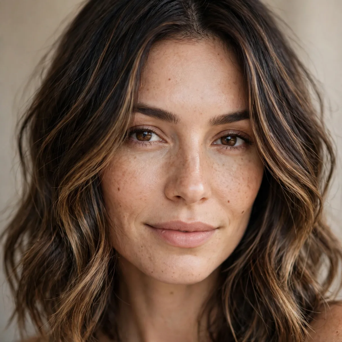 Dark brown hair with a subtle kiss of caramel balayage