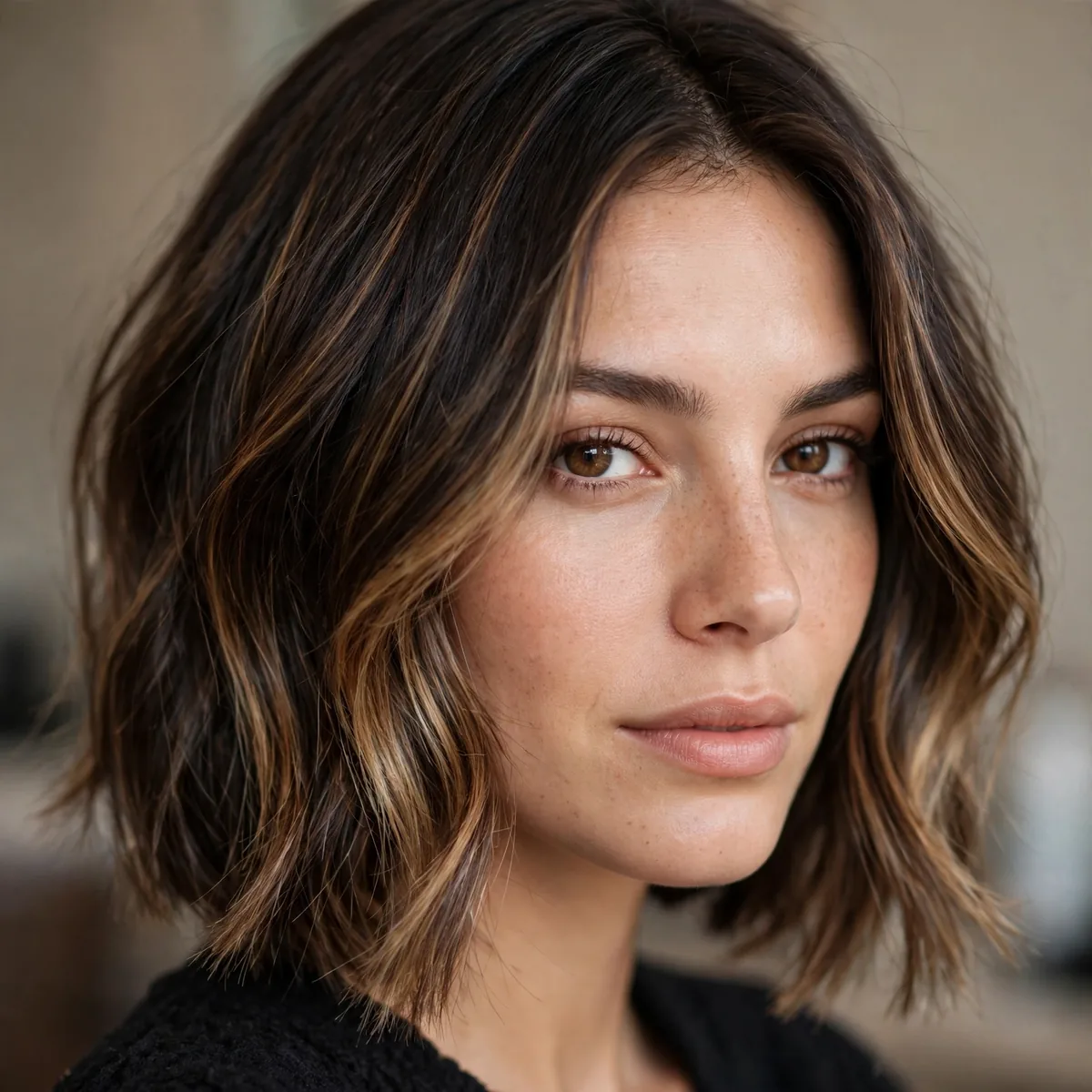 Dark brown bob with caramel balayage dimension