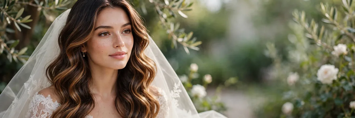 Bride with glossy caramel balayage waves on dark brown hair