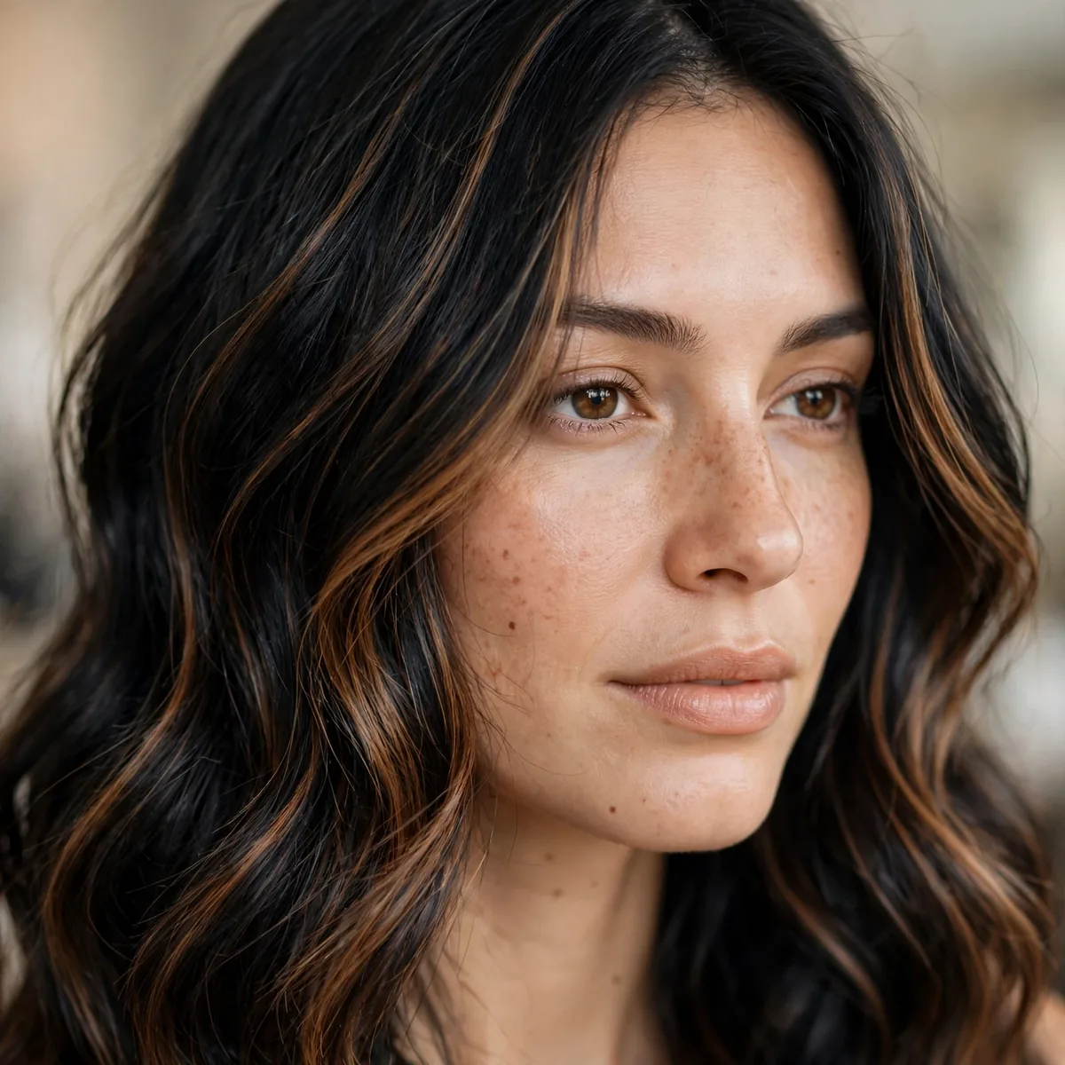 Black hair with warm caramel lowlights adding subtle dimension