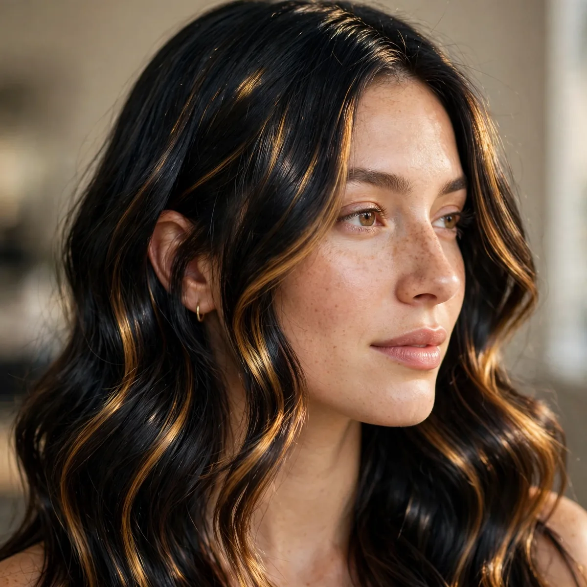 Black hair with golden caramel highlights and mirror shine