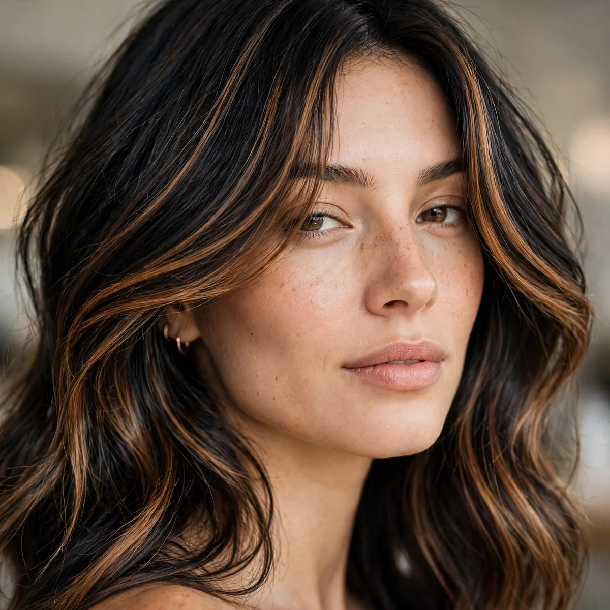 Black hair with rich toffee caramel blended highlights