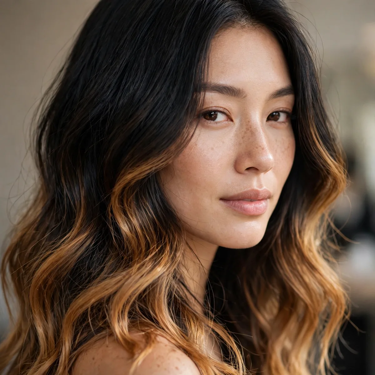 Black hair fading into caramel ombre ends