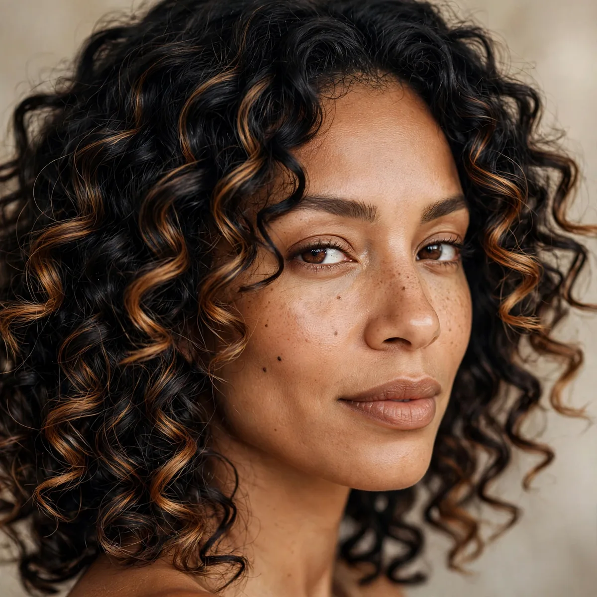 Black curly hair with caramel highlight dimension