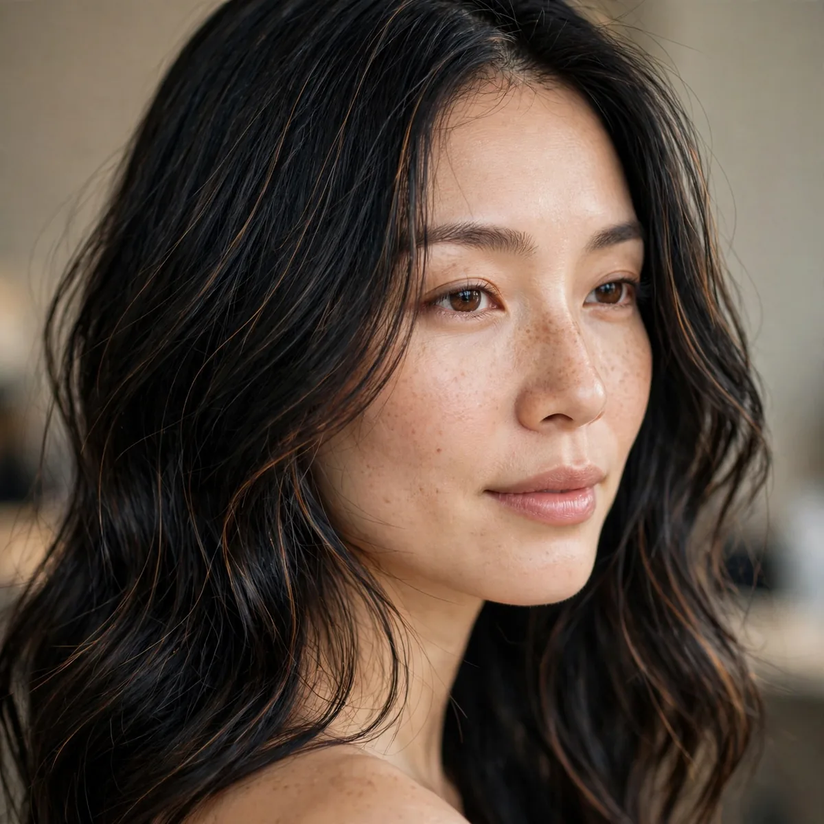 Black hair with subtle fine caramel babylights