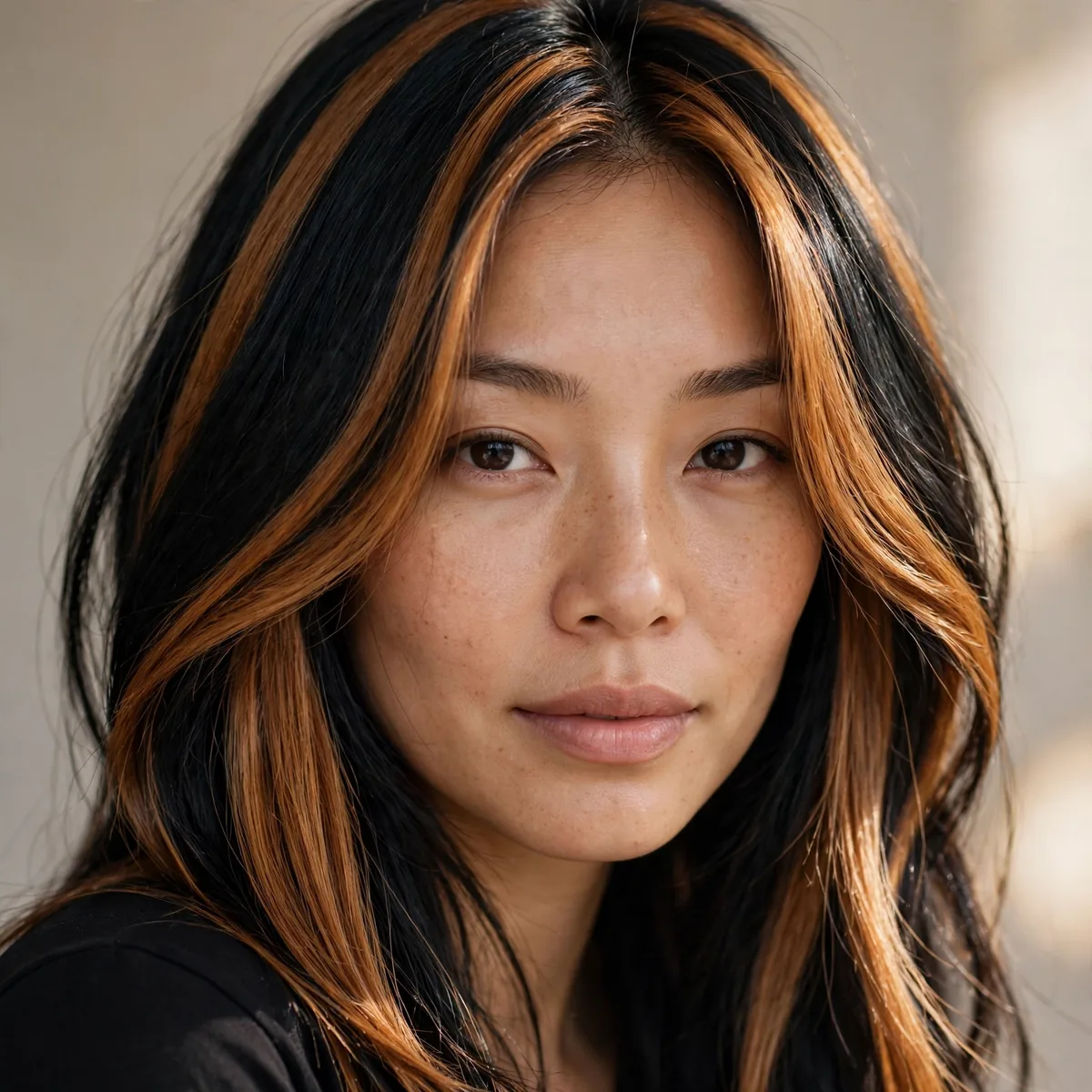 Black hair with bold caramel panel highlights