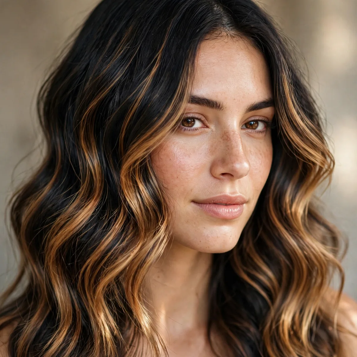 Black wavy hair with honeyed caramel balayage
