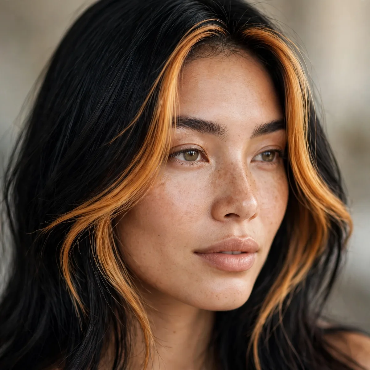 Black hair with bright caramel money piece face frame