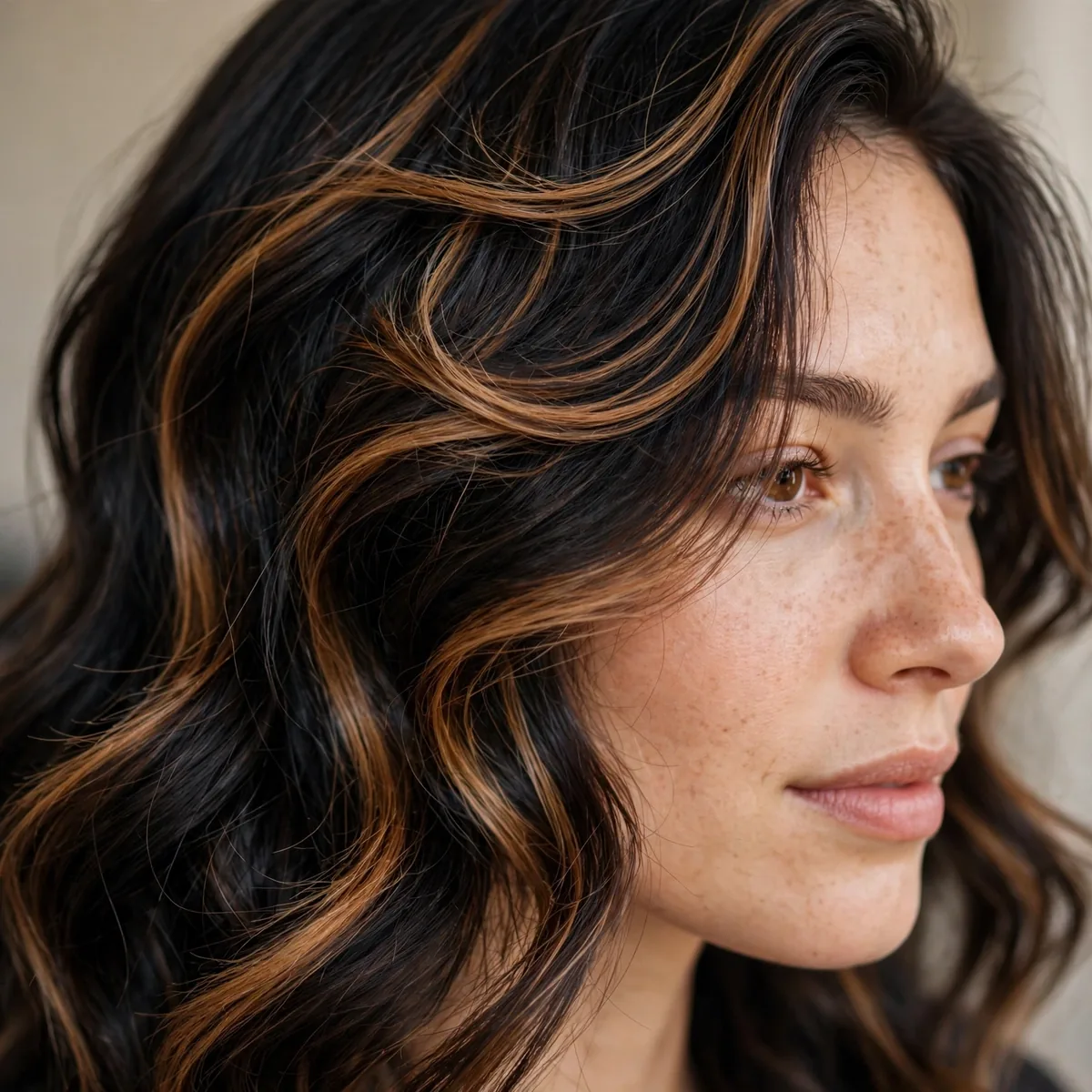 Black espresso hair with caramel swirl highlights