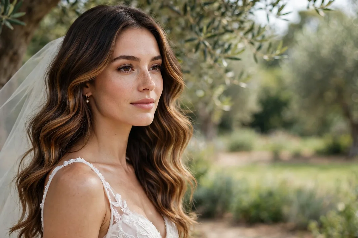Bride with glossy caramel balayage waves on dark brown hair