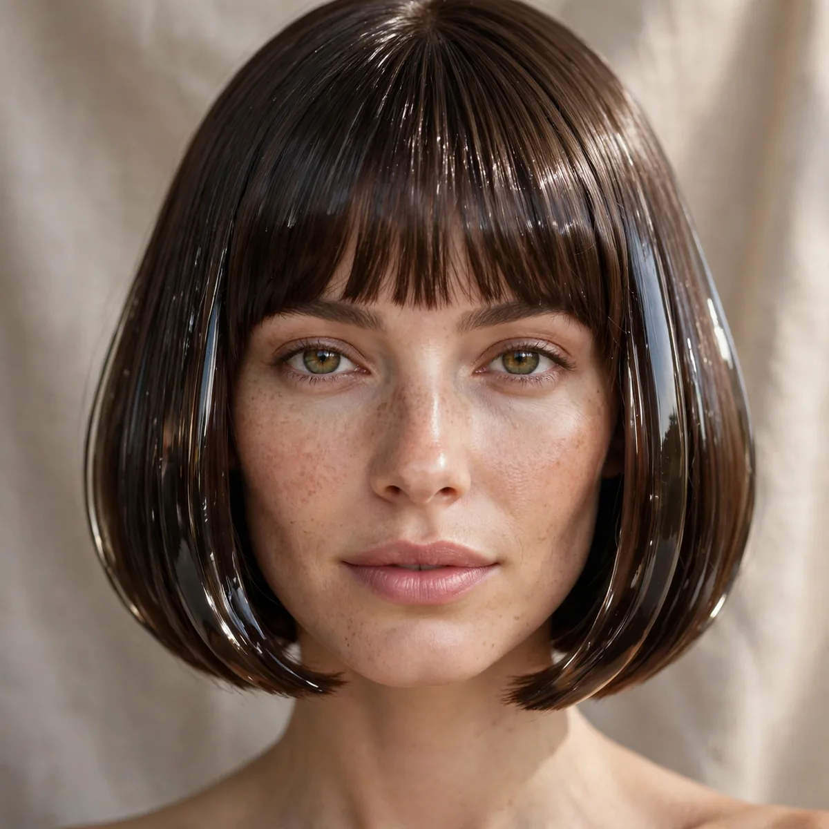Woman with a sleek glass-like chin-length bob and bangs