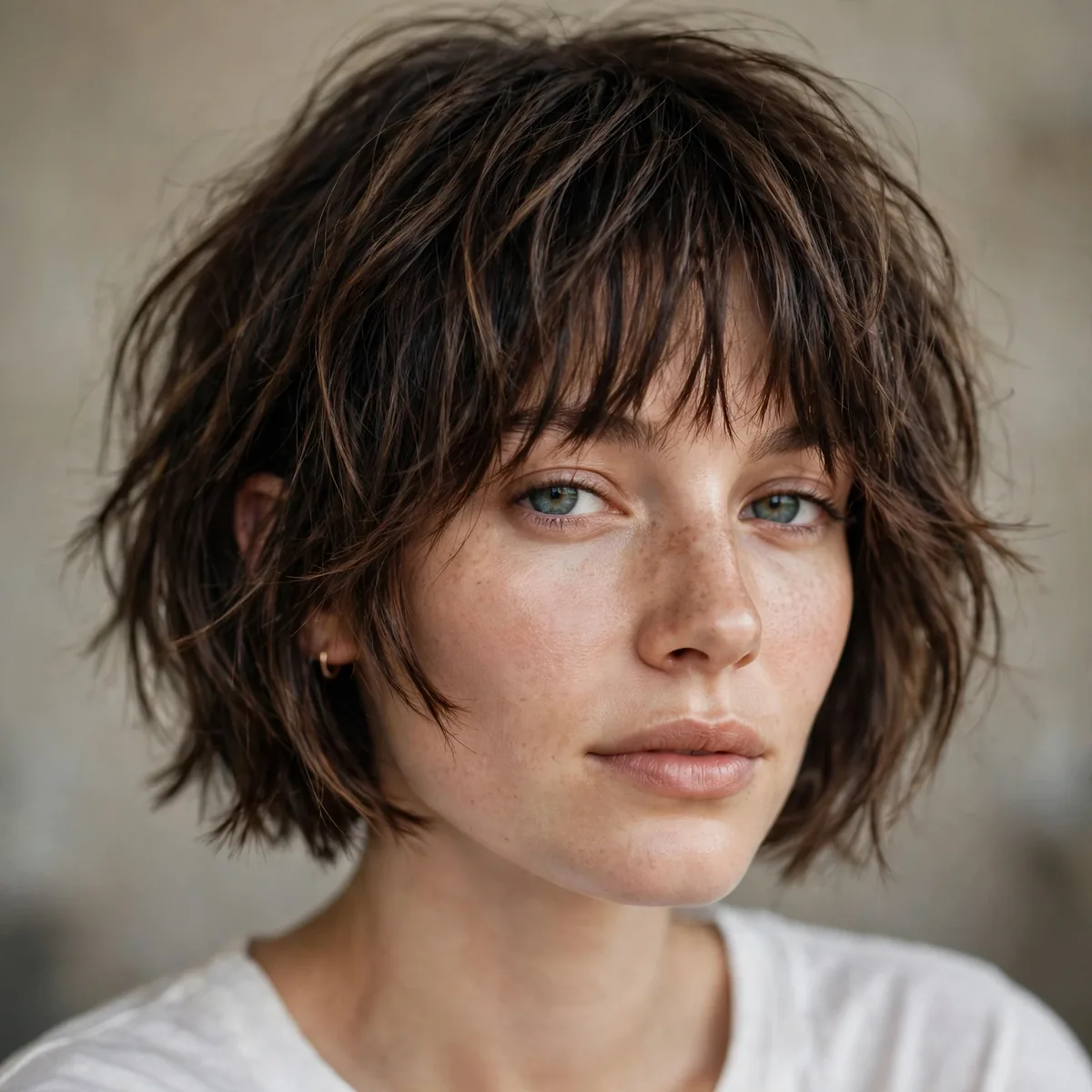 Woman with a textured piece-y chin-length bob and bangs