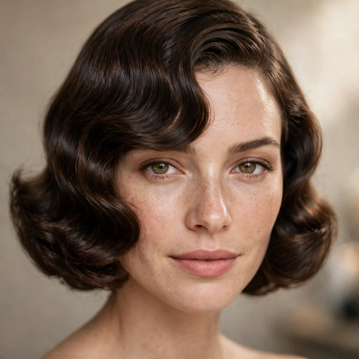 Woman with side-swept bangs and a vintage waved chin bob