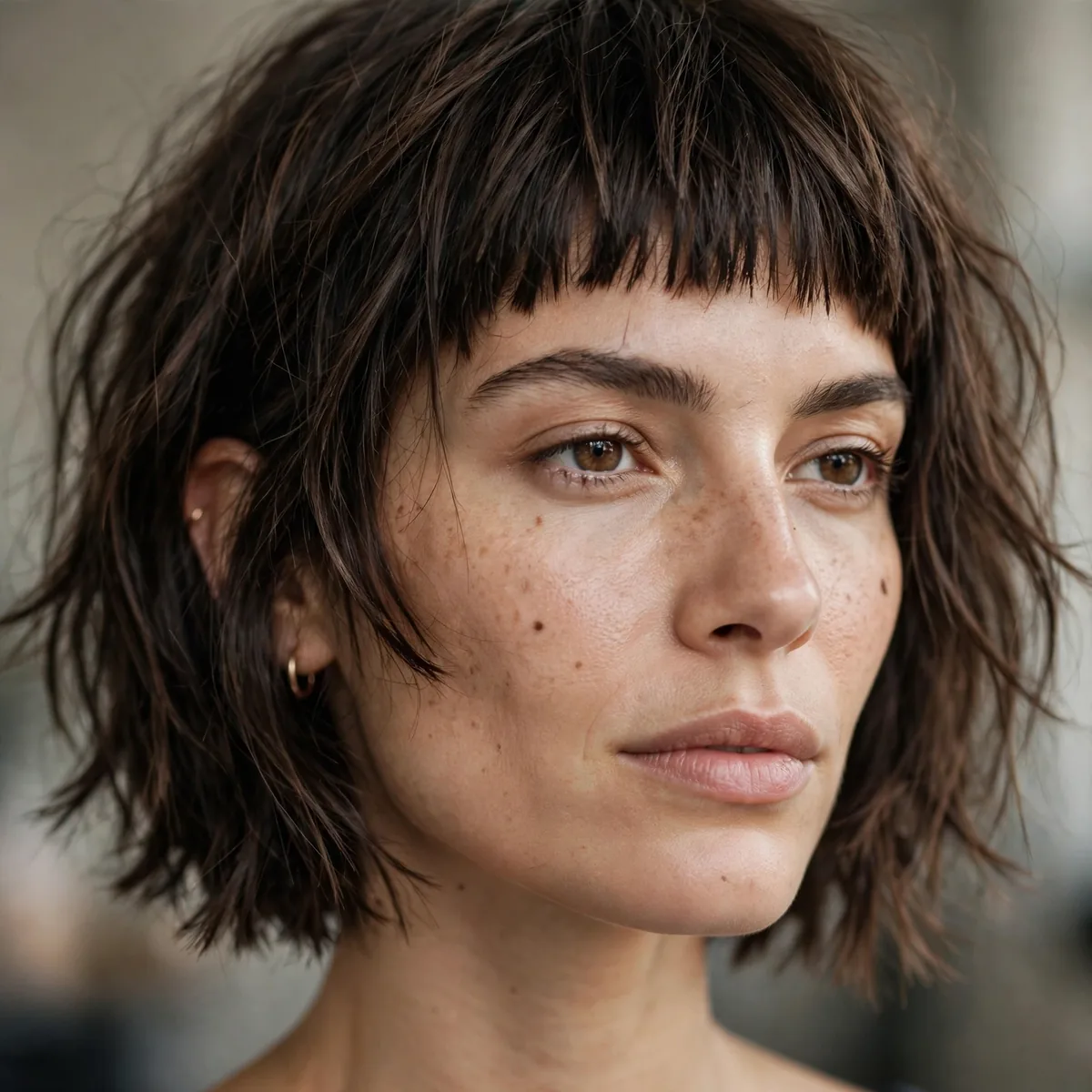 Woman with an edgy micro fringe and chin-length textured bob
