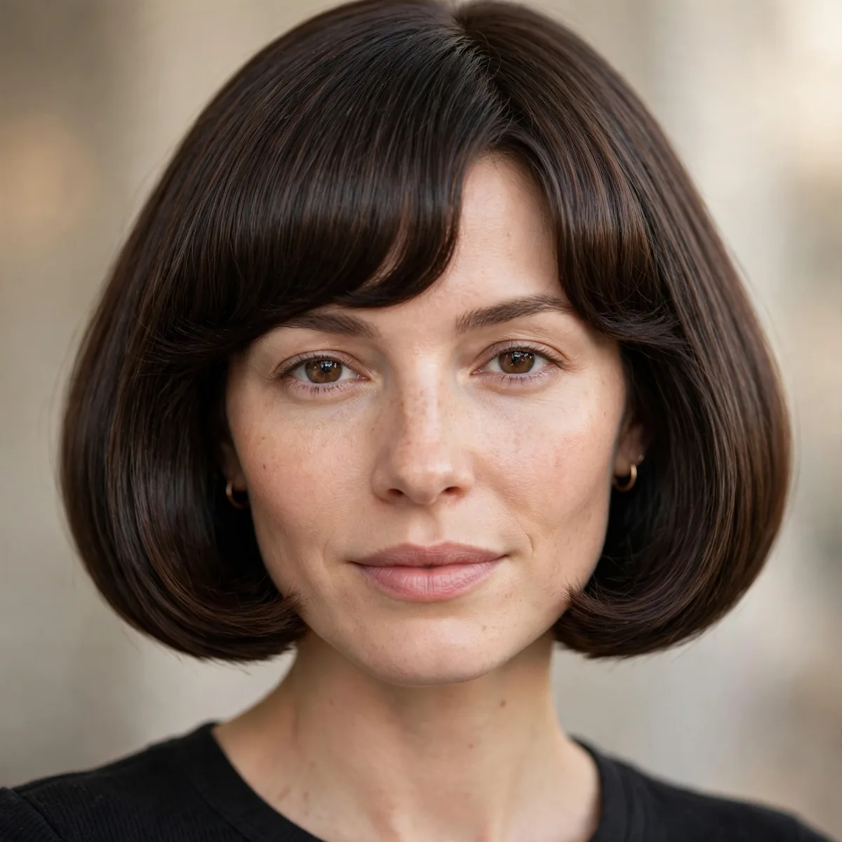 Woman with a rounded bowl-shaped chin bob and curved bangs