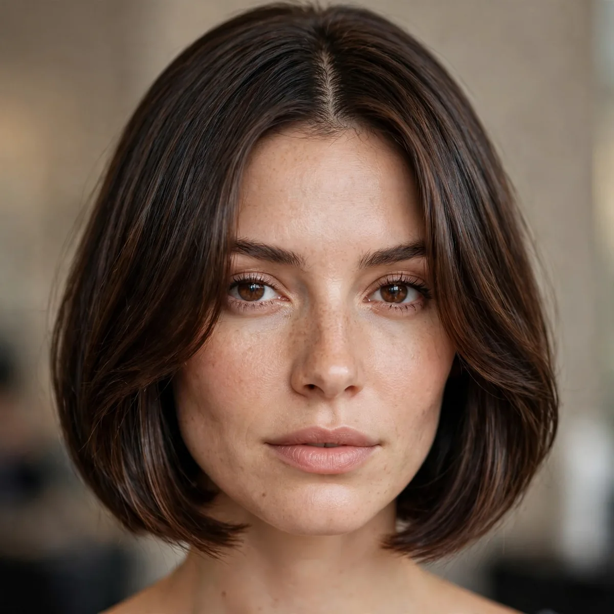 Woman with a center part, chin-length bob and curtain-style bangs