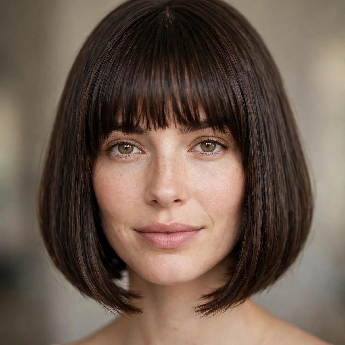 Woman with an A-line chin-length bob and full bangs