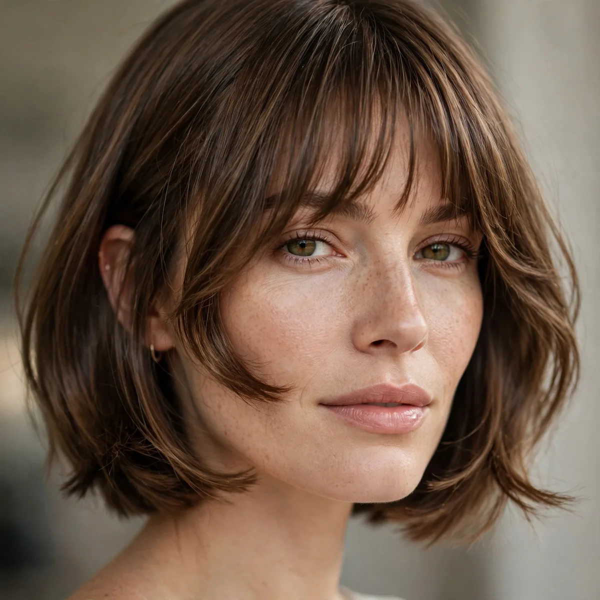 Woman with a swingy chin-length bob hitting at the cheekbones with bangs