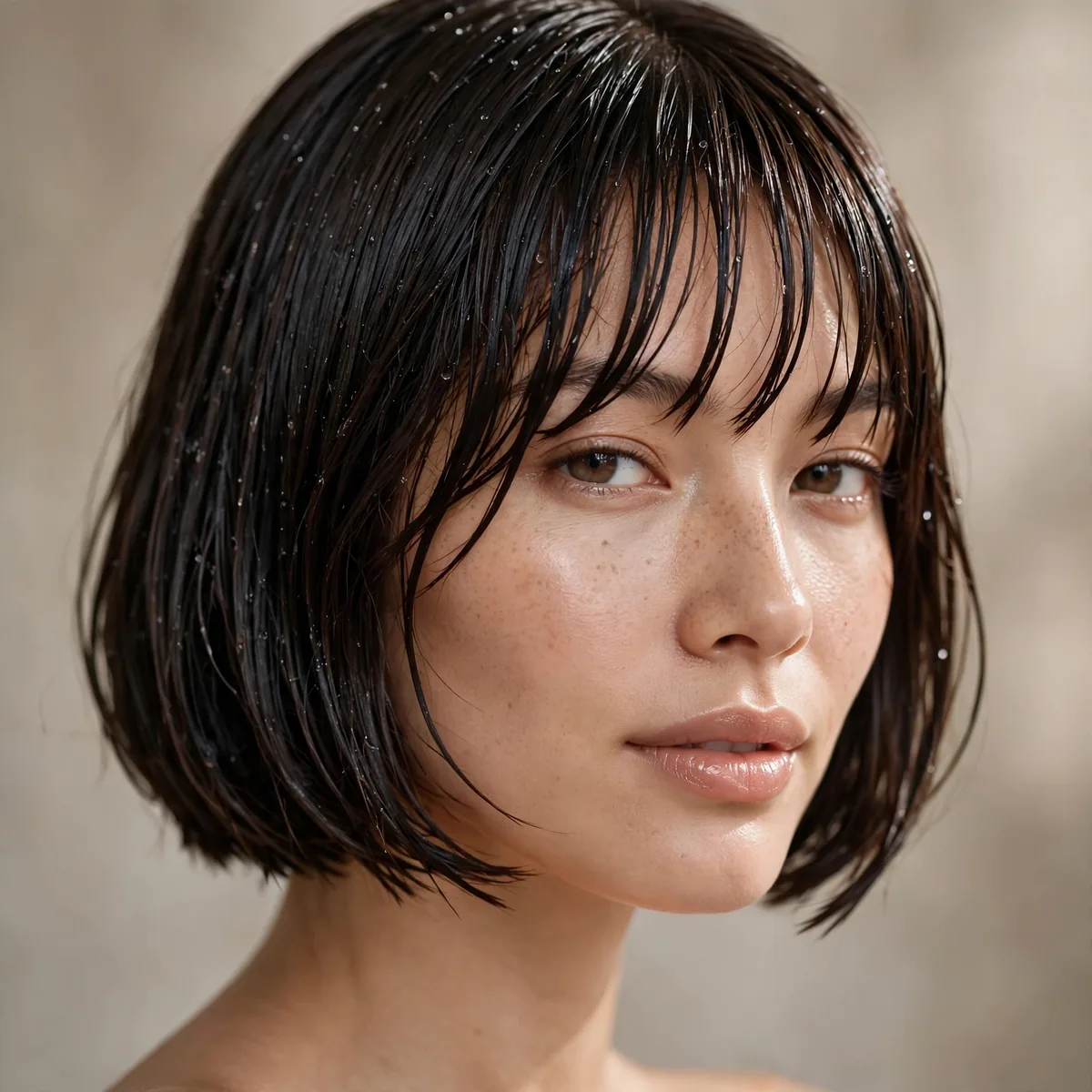 Woman with a wet-look slicked chin-length bob and bangs