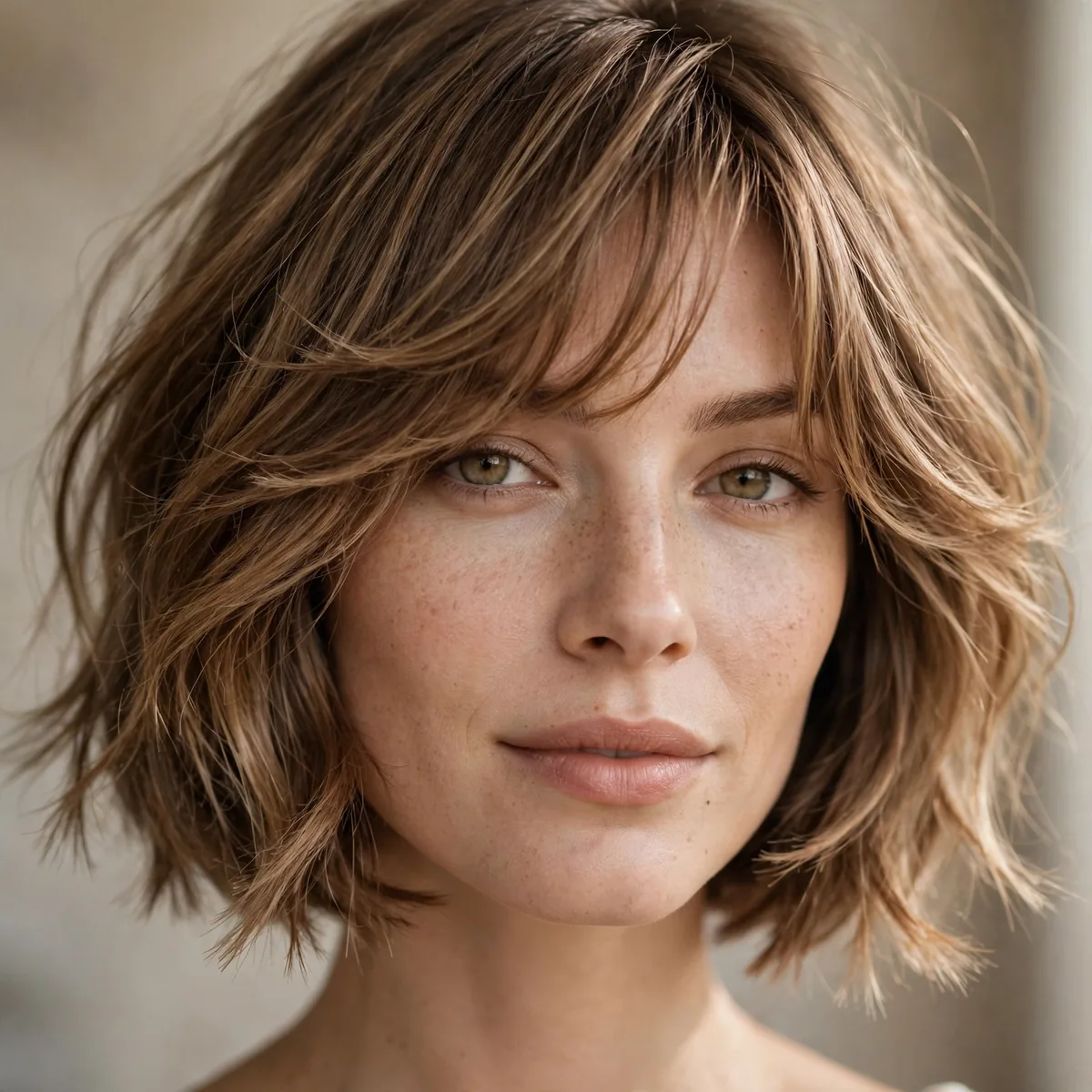 Woman with tousled chin-length bob ends and a feathered fringe