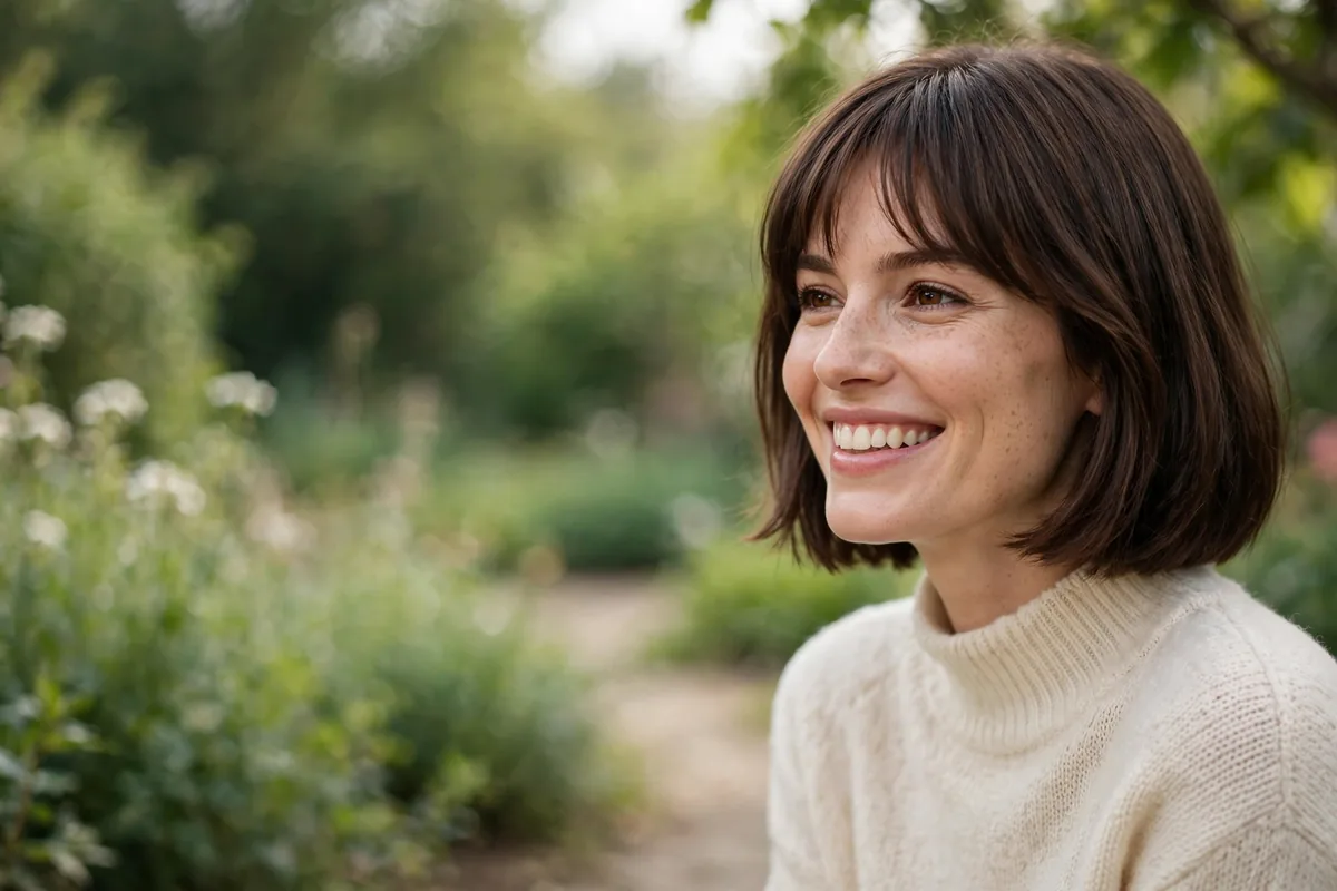 Woman with a chin-length bob haircut and soft bangs smiling